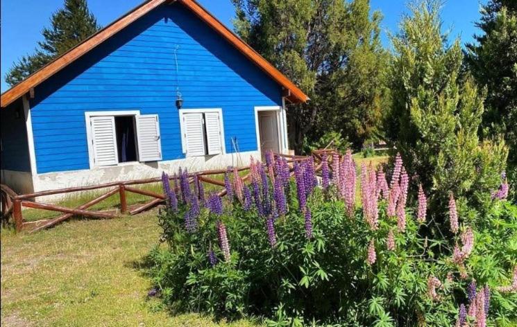 una casa blu con fiori viola di fronte di María de la Patagonia a Trevelin