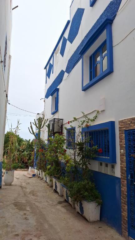 a blue and white building with blue windows and potted plants at Banana Aourir in Aourir
