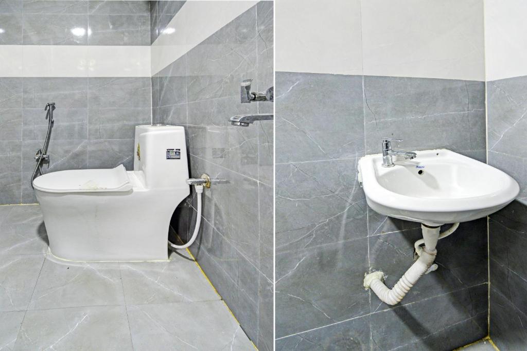 a bathroom with a toilet and a sink at Hotel O RBS Square Inn Uppal in Hyderabad