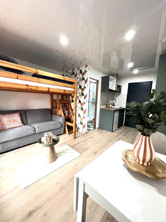 a living room with a couch and a loft bed at Le cosy du Futuroscope in Jaunay-Clan