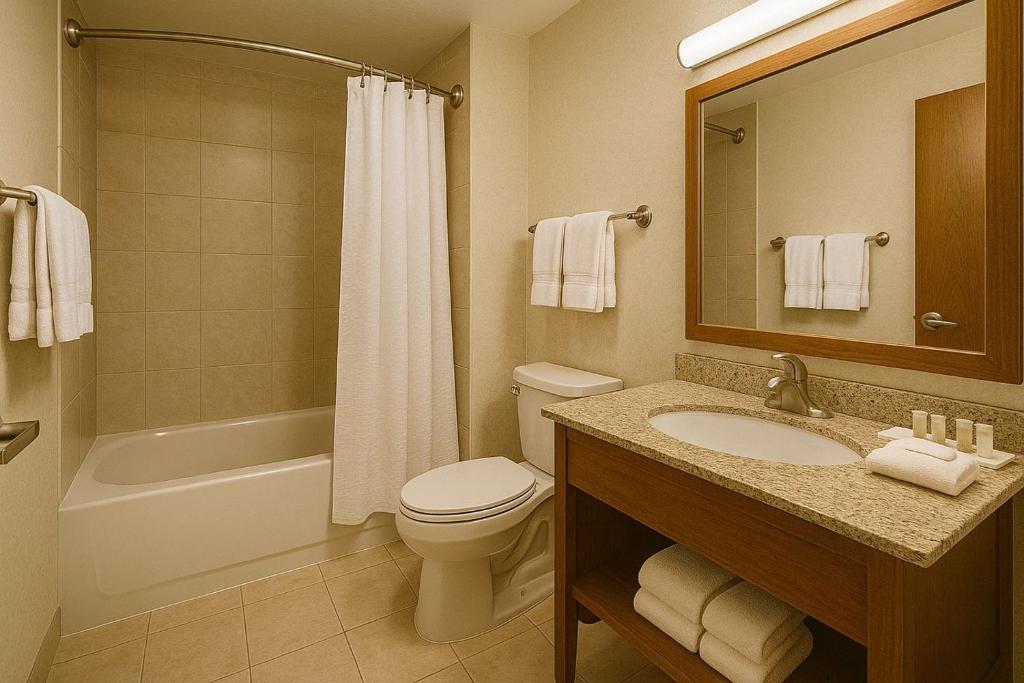 een badkamer met toilet, wastafel en douche bij Soklena Homestay 