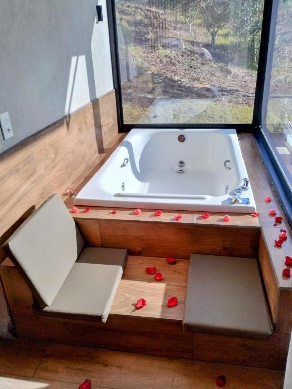 a bath tub with red rose petals on the floor at Cabana Romântica em Pelotas in Pelotas