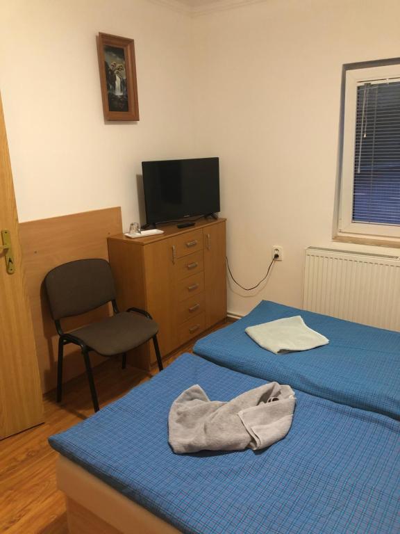 a hotel room with two beds and a television at Penzion Ivana in Bardejov