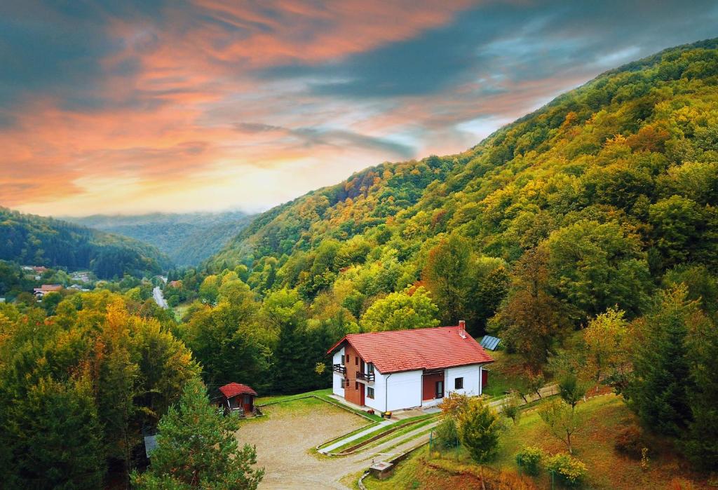 a small house in the middle of a mountain at Vila Poiana Verde in Slănic-Moldova