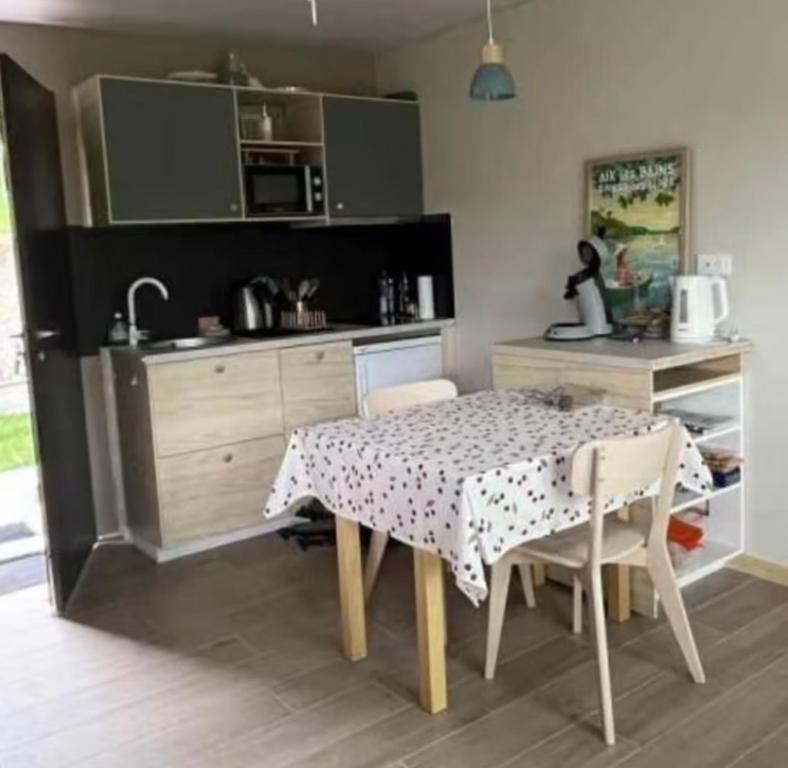 a kitchen with a table and chairs in a kitchen at Orevard coin de paradis in Aix-les-Bains