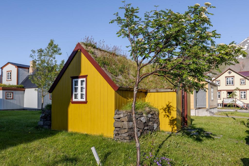 a yellow and red house with a tree in the yard at The Sigló House in Siglufjörður