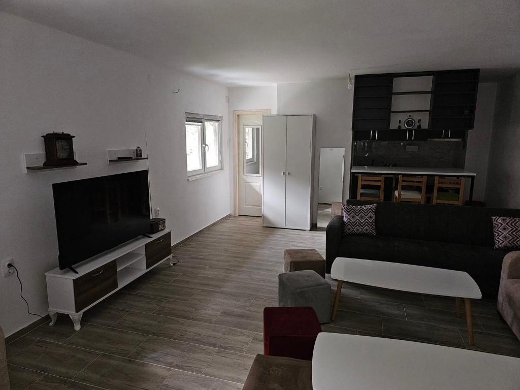 a living room with a couch and a flat screen tv at Apartman Br 59 
