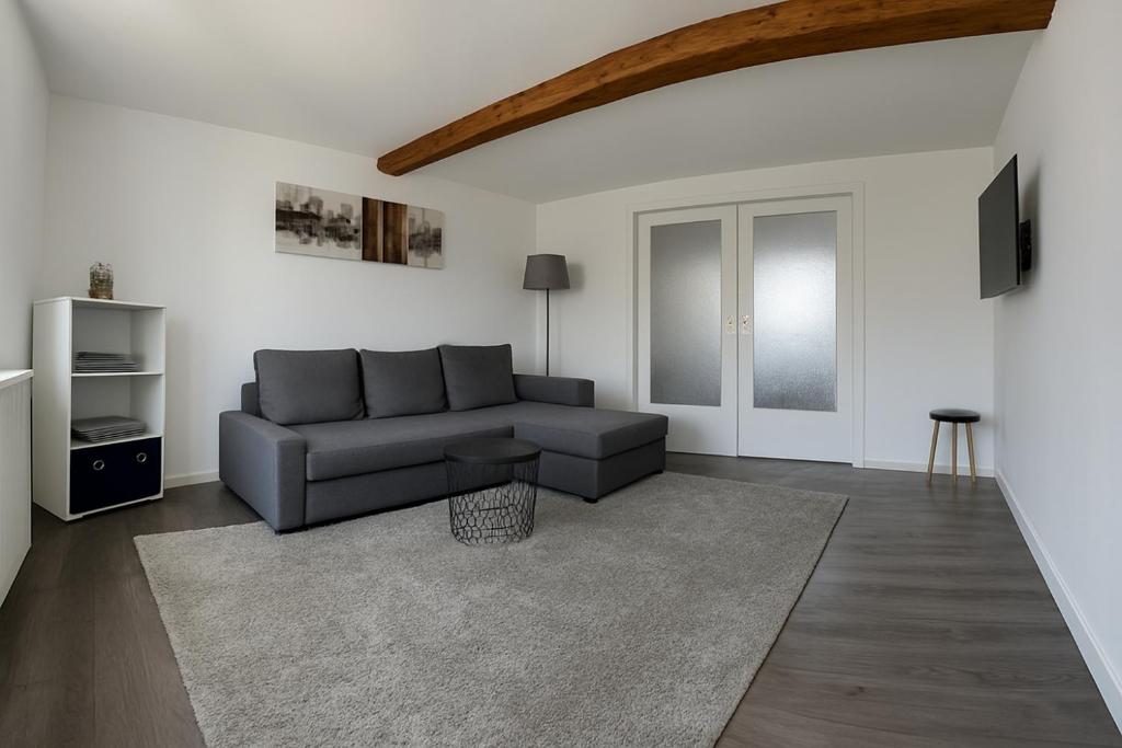 a living room with a couch and a table at Moderne Ferienwohnung Klosterblick in Guxhagen