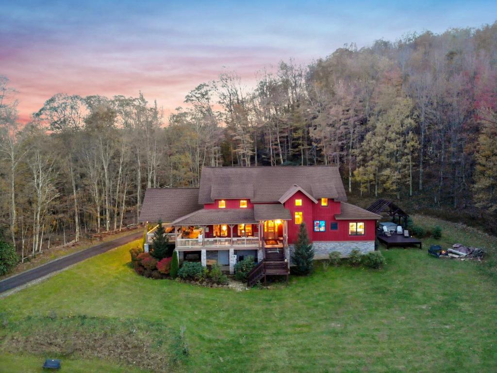 an aerial view of a house with lights on at D-Coys Nest in Banner Elk