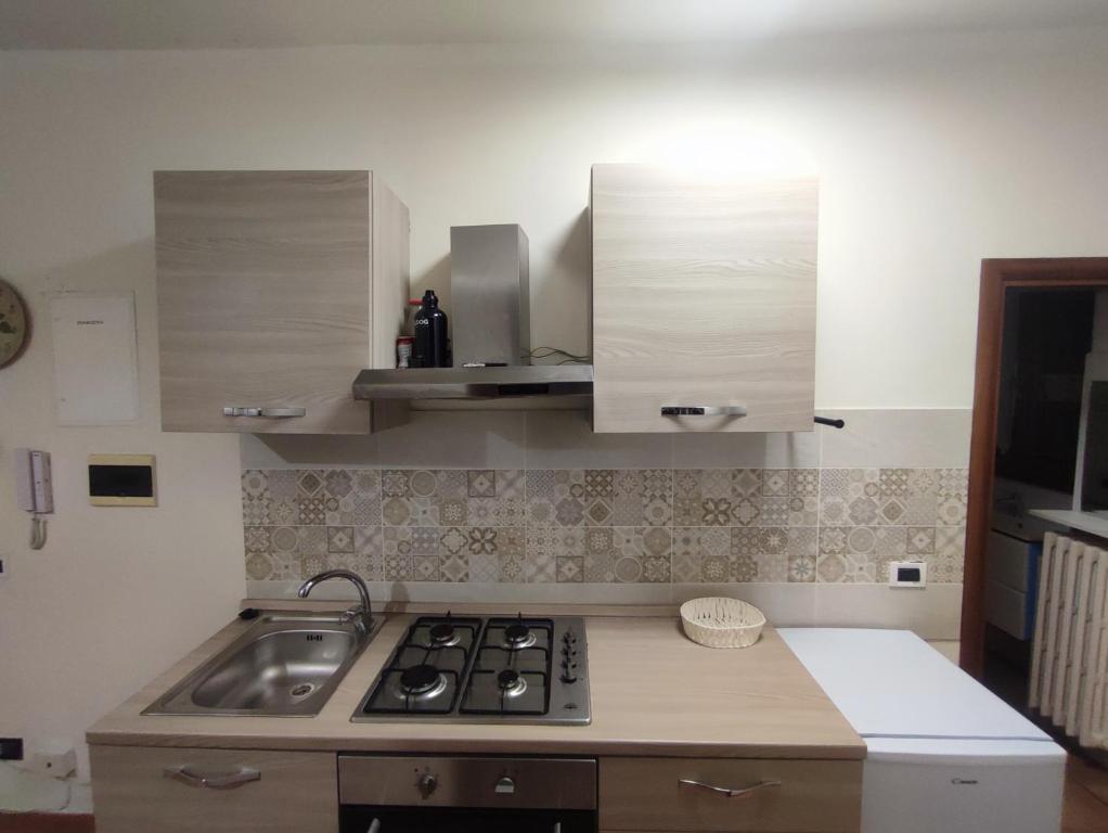 a kitchen with a stove and a sink in it at Appartamento vicino alla madonnina di tortona in Tortona