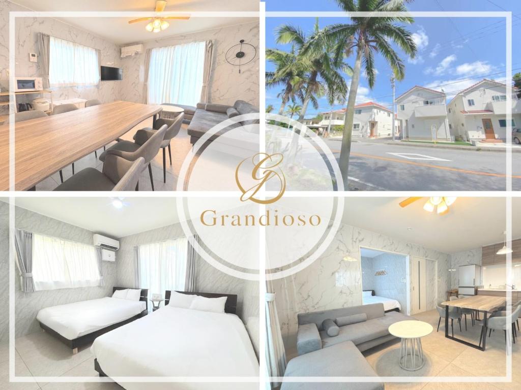 a collage of photos of a bedroom and a living room at Grande Ortho Okinawa Villa Onna 3 - Vacation STAY 91376 in Onna