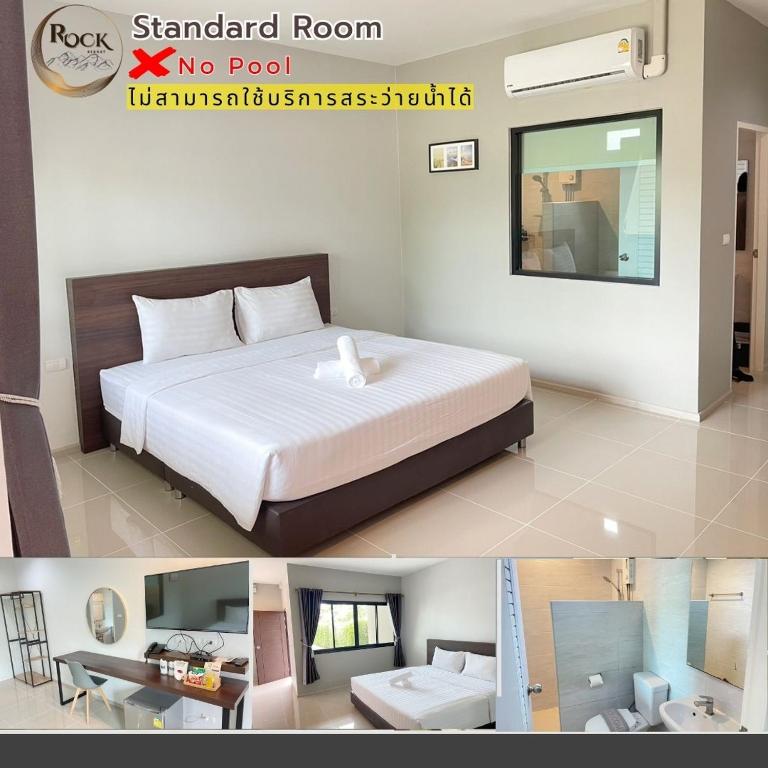 two pictures of a bedroom with a bed and a bathroom at Rock Resort in Ratchaburi