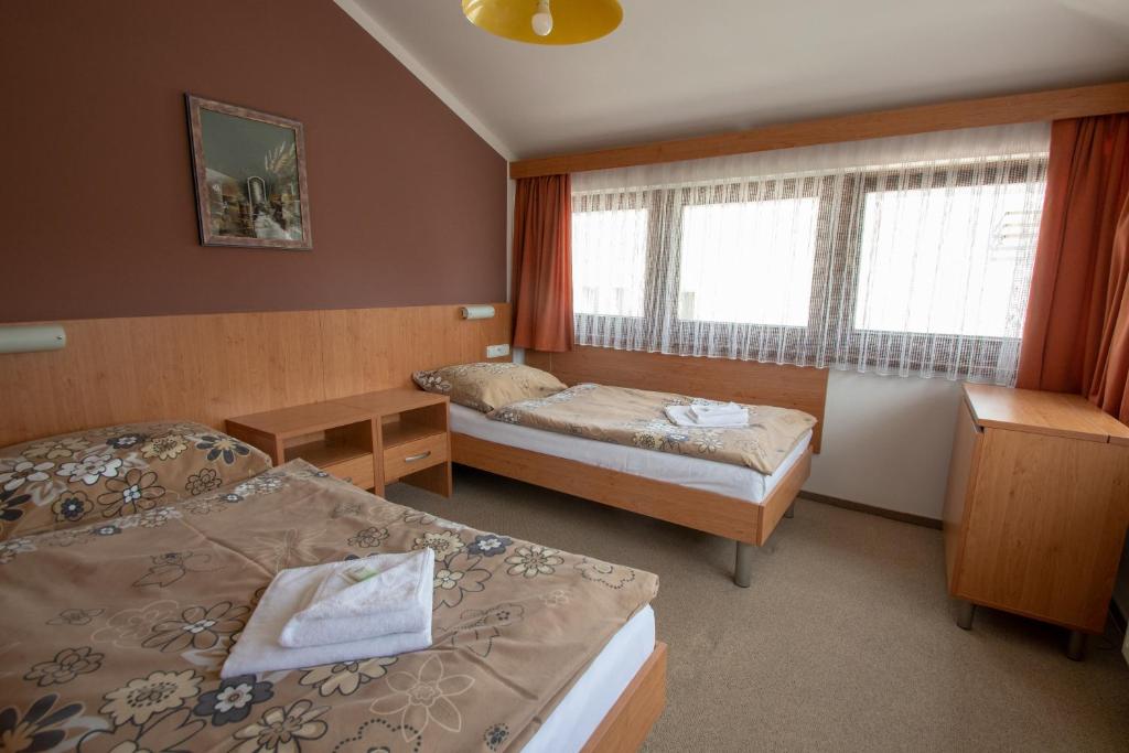 洪波莱茨鲁斯旅馆的有两张床和一扇窗户的酒店房间