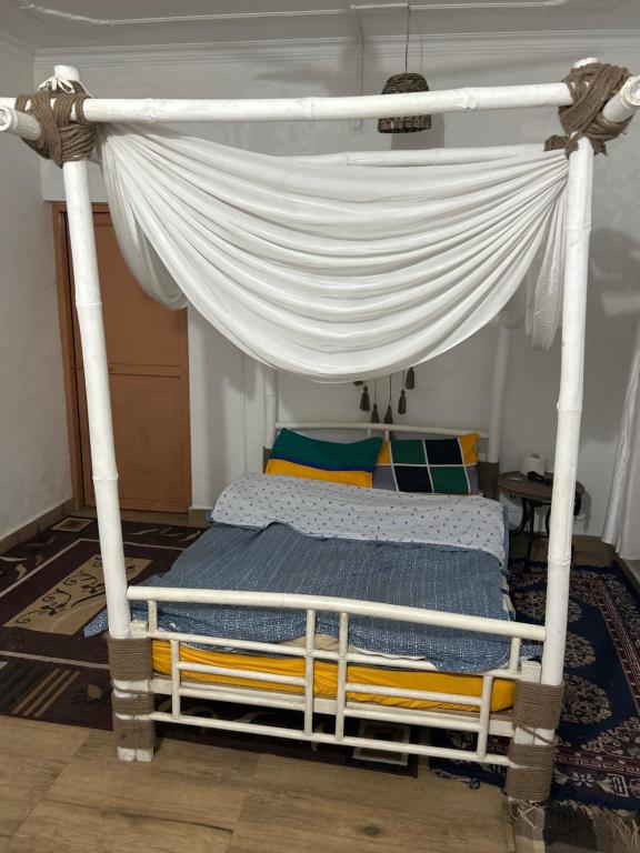 达兰萨拉Friend circle cafe and homestay dharamsala的卧室内的一张带天蓬的床