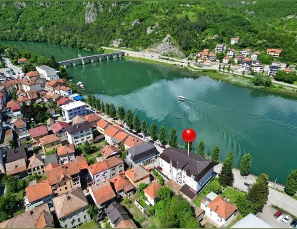an aerial view of a town next to a river at Apartment Aluna 4 in Višegrad