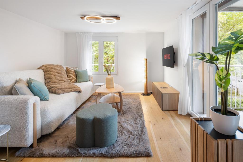 un salon avec un canapé et une table dans l'établissement Modernes Apartment mit Balkon und Parkplatz, Nähe See, à Saint-Gall
