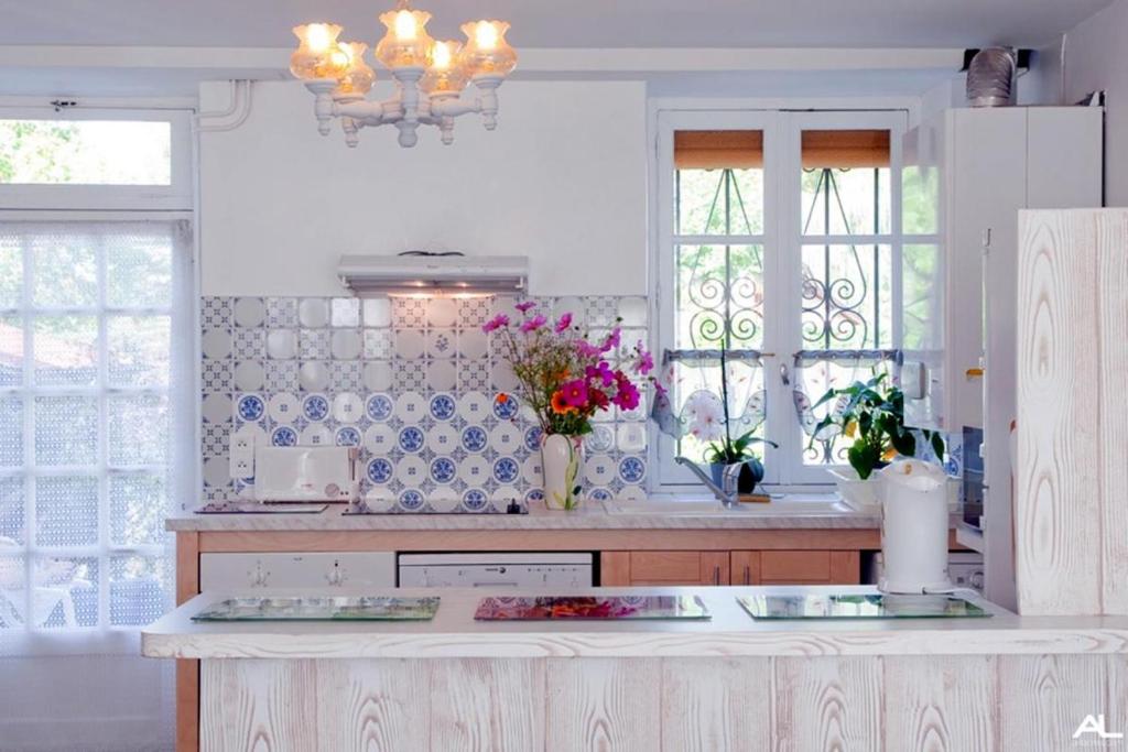 a kitchen with a counter with flowers on it at La poterie in Castets