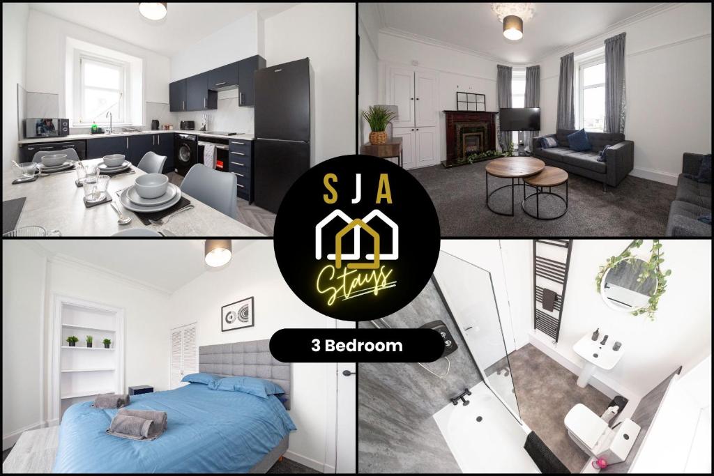 Un collage de fotos de un dormitorio y una sala de estar. en Carnoustie Residence - SJA Stays - 3 Bed Apartment, en Carnoustie