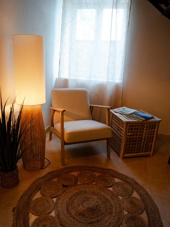 a living room with a chair and a lamp and a rug at Brisa do Nordeste in Nordestinho