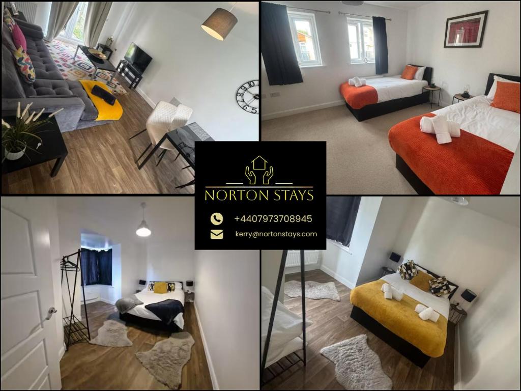 a collage of photos of a living room and a bedroom at Marylebone Modern Family Home 4 Bedrooms Sleeps 8 Garden WiFi Free Parking in Leicester