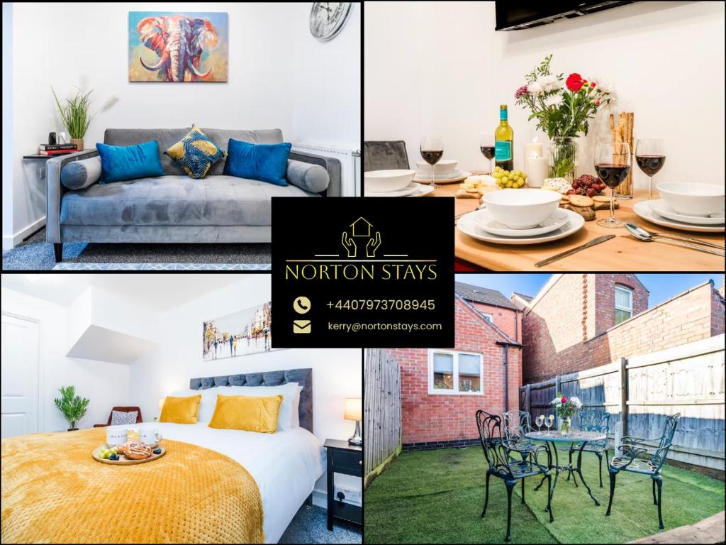 a collage of pictures of a room with a bed and a table at Cosy Royal Blue 3-Bedroom Family Home Sleeps 6, Free Parking & Wi-Fi, Garden and Private Patio in Leicester