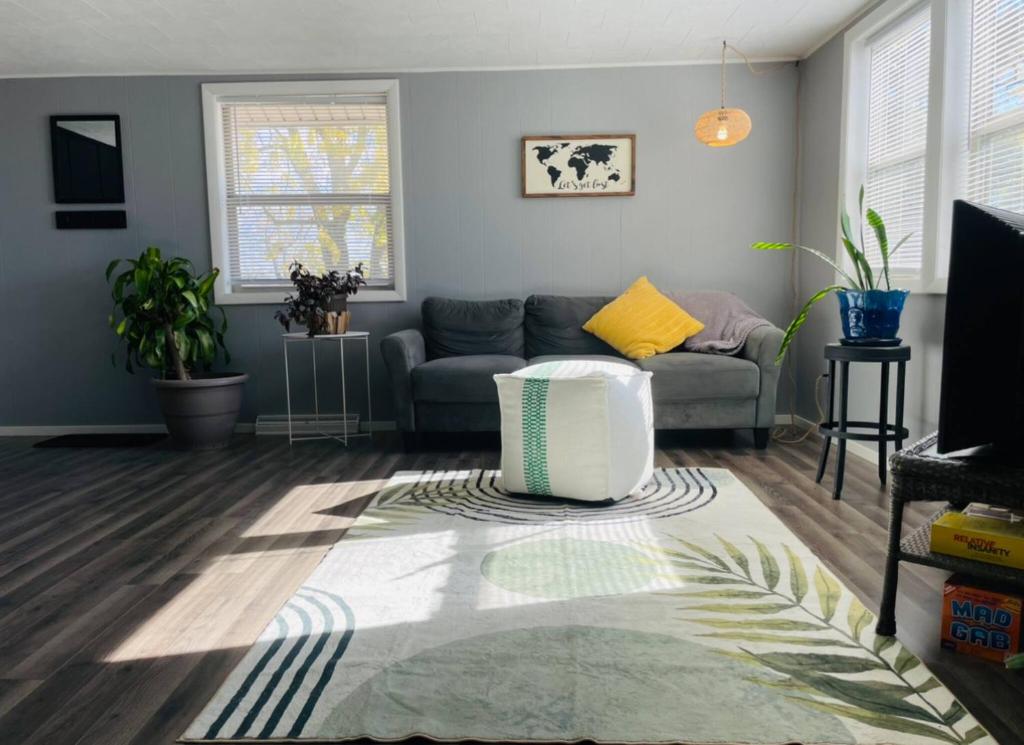 a living room with a couch and a rug at 1 BR Cozy Apartment with Fire Pit Short walk to town in Nappanee