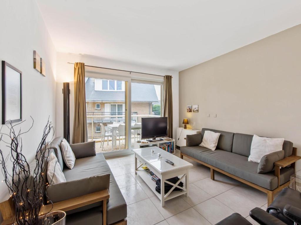 Una sala de estar con un sofá y un televisor. en Klokjesbloem Gelijkvloers, en Galopen