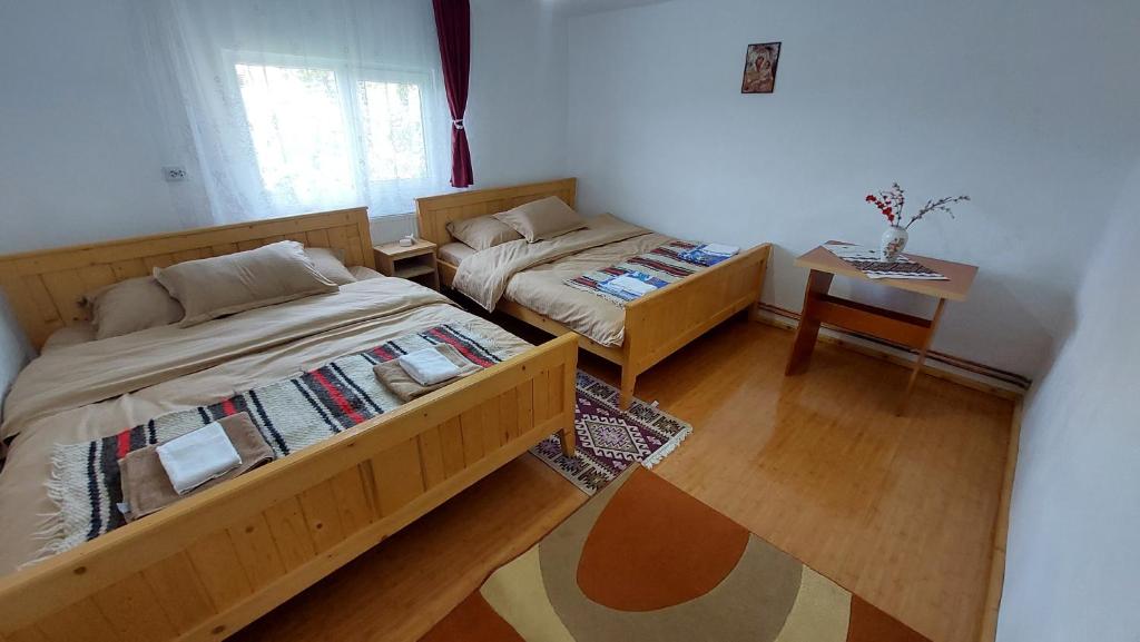 a bedroom with two beds and a table with a desk at Casa din deal-Apuseni 