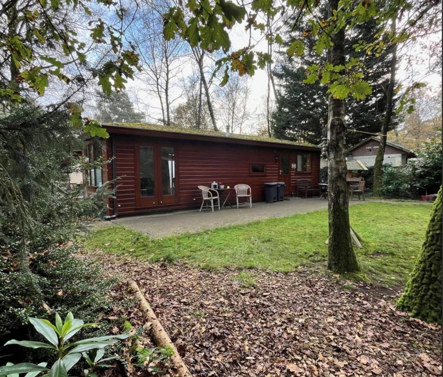 a log cabin with a table and chairs in a yard at Chaletpark de Kempenbos - 196 in Westelbeers