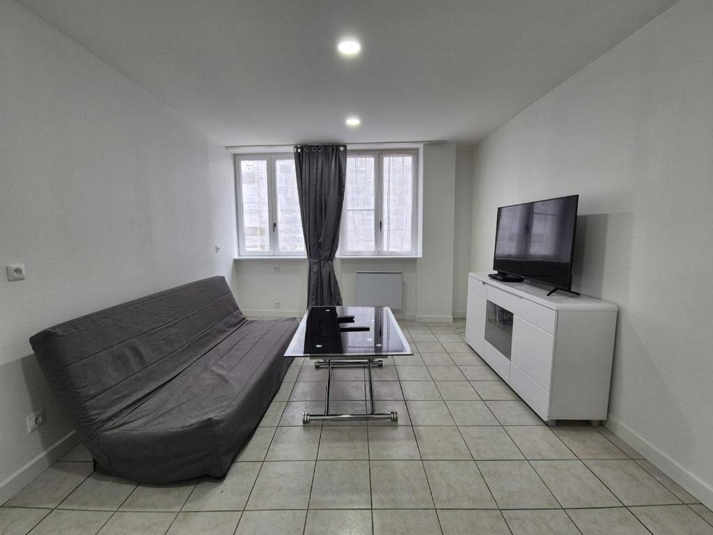 a living room with a bed and a television at Le Battant in downtown Besançon in Besançon