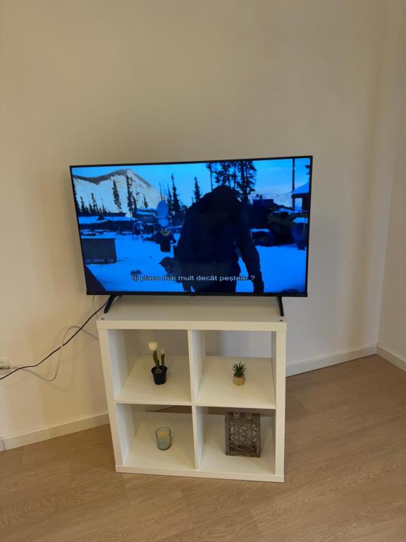UisenteşにあるDanyMosnitaの白いスタンドに座る薄型テレビ
