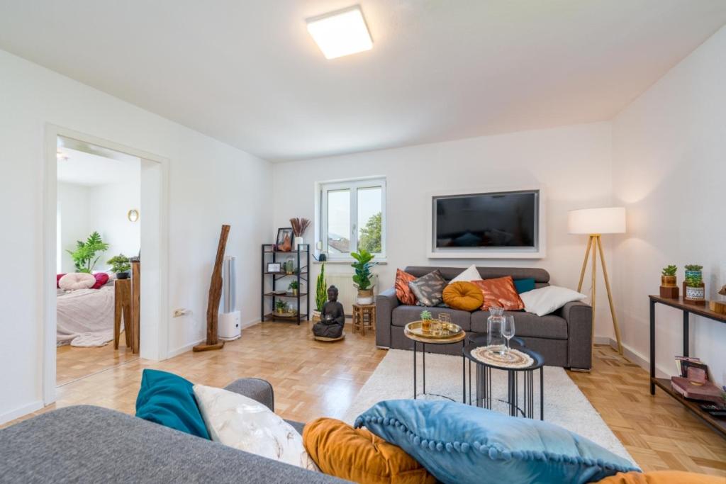 Una sala de estar con un sofá y un televisor. en OG2 Rechts 2-Zimmer Wohnung mit Balkon 15min bis Salzburg, en Freilassing