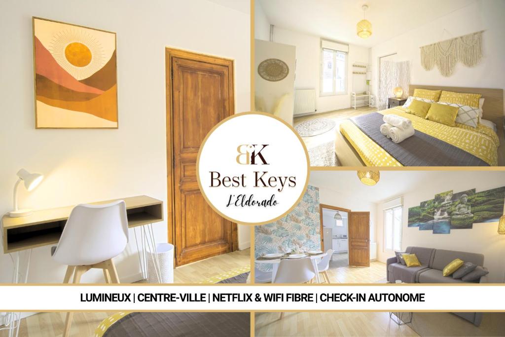 a collage of pictures of a bedroom with a bed and a desk at L'Eldorado - By BEST KEYS - Idéal Pros, Couple & Famille - 1 Chambre et 1 Canapé-Lit Convertible - Cosy & Confort - Centre Ville - Netflix & WiFi Fibre - Machine à Café Nespresso - Check-in Autonome - Parking Facile & Gratuit in Sens