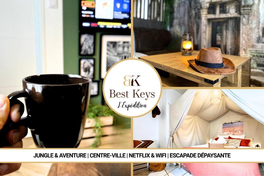 a collage of photos with a cup of coffee and a picture of a tent at L'Expédition - By BEST KEYS - Expérience Unique - Déco Immersive - Lit Queen Size & Canapé Convertible - Centre Ville - Smart TV - Machine à Café Nespresso - Netflix & WiFi ILLIMITÉ - Check-in Autonome - Parking Gratuit in Villeneuve-sur-Yonne