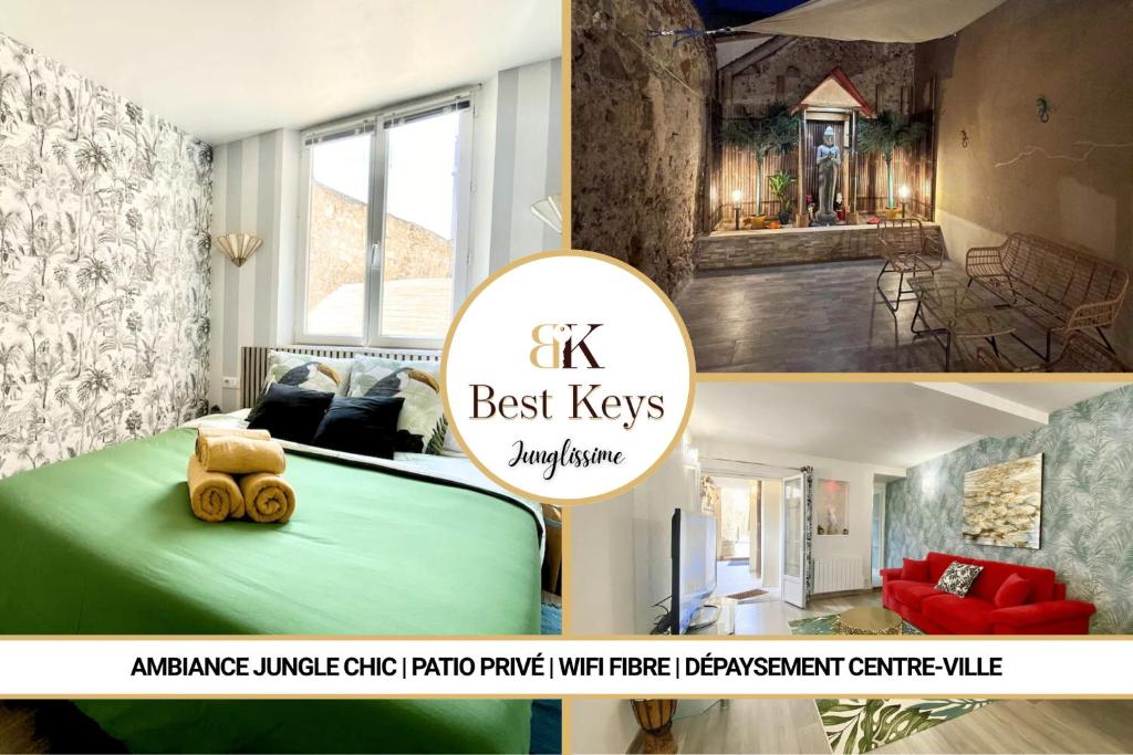 a collage of two pictures of a room with a bed at Junglissime - By BEST KEYS - Déco Jungle & Grand Patio Privé - 1 chambre séparée & 1 canapé convertible - Centre Ville - Smart TV - Machine à Café Nespresso - WiFi Fibre - Check-in Autonome - Parking Facile & Gratuit in Sens