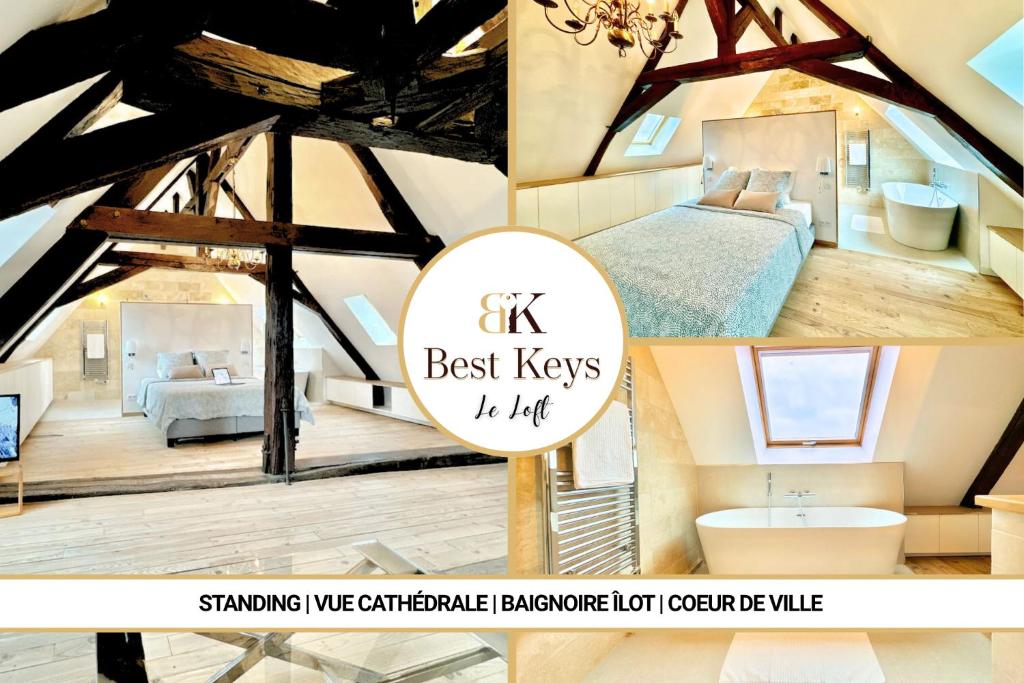 a collage of photos of a room in a building at Le Loft - By BEST KEYS - Prestige - Vue Cathédrale - Poutres Apparentes - Baignoire Îlot - Centre Ville - Smart TV - Machine à Café Nespresso - WiFi Illimité - Check-in Autonome in Sens