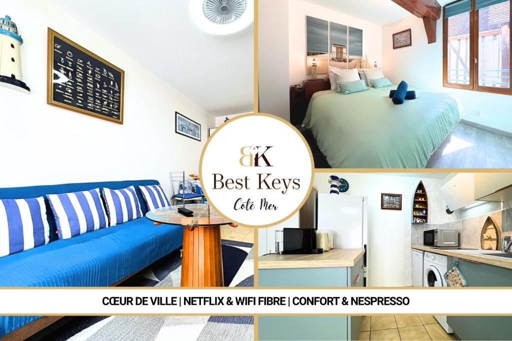 a collage of photos of a living room with a couch and a bed at Côté Mer - Appartement Chaleureux & Cosy - Déco Bord de Mer - Centre-Ville Rue Commerçante - Smart TV Netflix & WiFi Fibre - Cuisine Équipée & Nespresso - Check-in Autonome - Parking Facile à Proximité - Confort & Sérénité in Sens