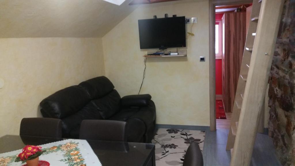 sala de estar con sofá de cuero negro y TV de pantalla plana en Apartment Borovnica Rogla, en Resnik