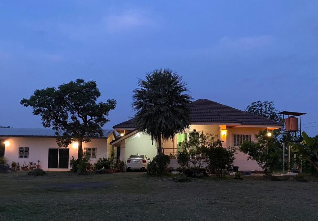 a house with a palm tree in front of it at Garden house in Ban Krok Khi Nu