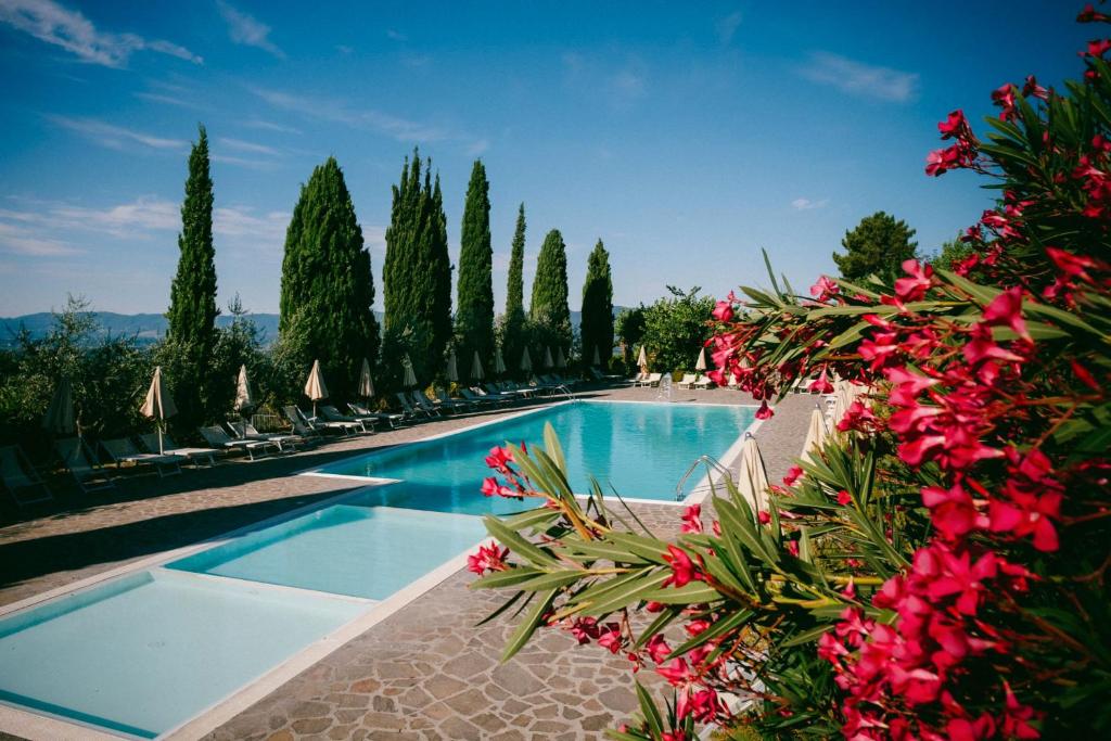a swimming pool with a bunch of trees and flowers at Fattoria degli Usignoli in San Donato in Fronzano