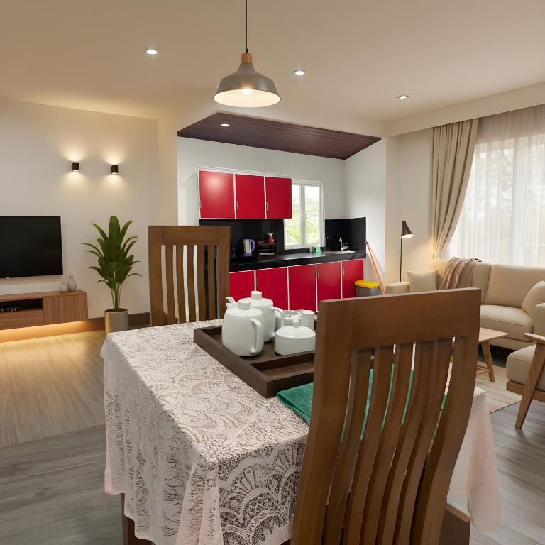 a kitchen and living room with a table and chairs at Lotus Luxury Stays in Nanu Oya