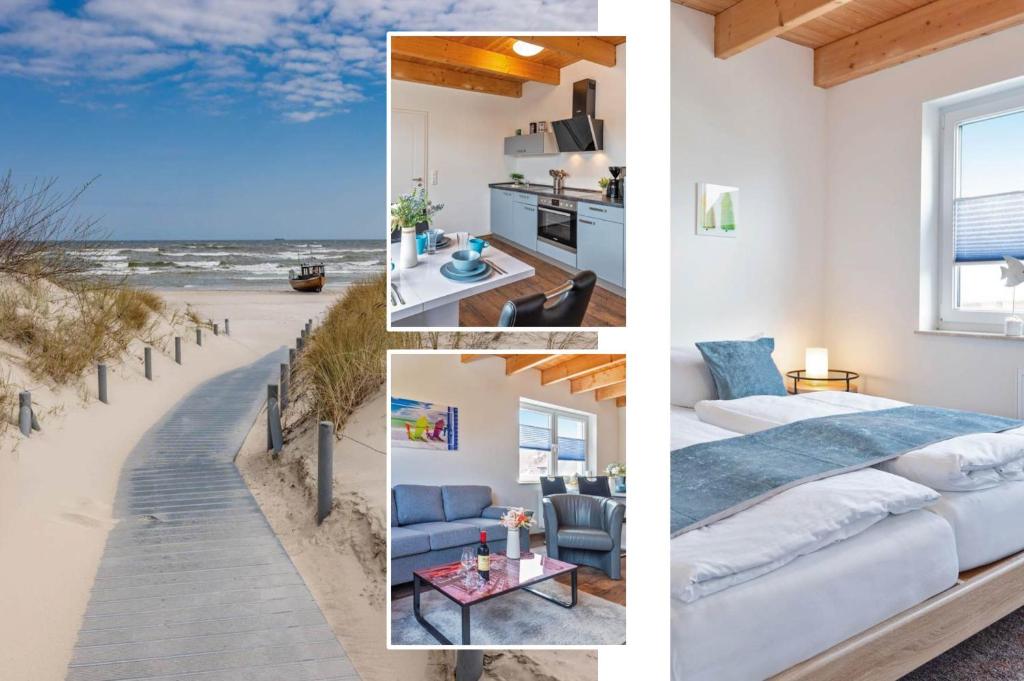 eine Bildcollage mit einem Schlafzimmer und einem Strand in der Unterkunft Kimpi 3 in Ostseebad Koserow