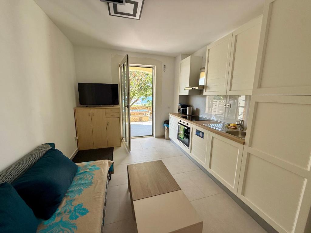 ルティナにあるCasa Mare Rtina Gartenwohnungのソファとキッチンのあるリビングルーム