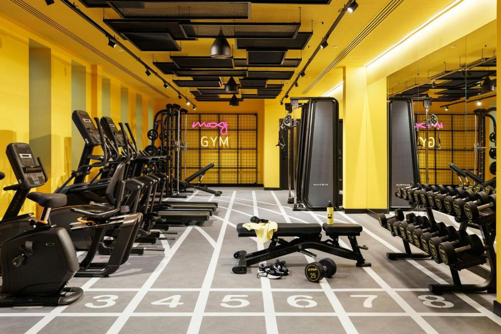 A spacious gym view combining cardio, weights and functional training equipment.
