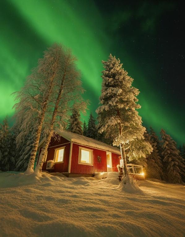 a cabin under the northern lights in the sky at Villa Jokiranta Northern light Riverside in Ranua