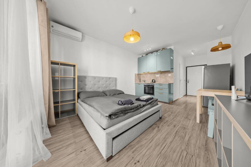 a living room with a couch and a kitchen at Air conditioned 1 room Apartment, Slnečnice in Bratislava