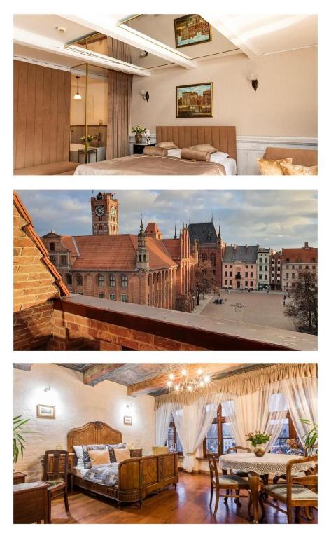 Hotel Apartamenty Molus na Rynku Staromiejskim, two pictures of a bedroom and a hotel room at Apartamenty Molus na Rynku Staromiejskim in Toruń