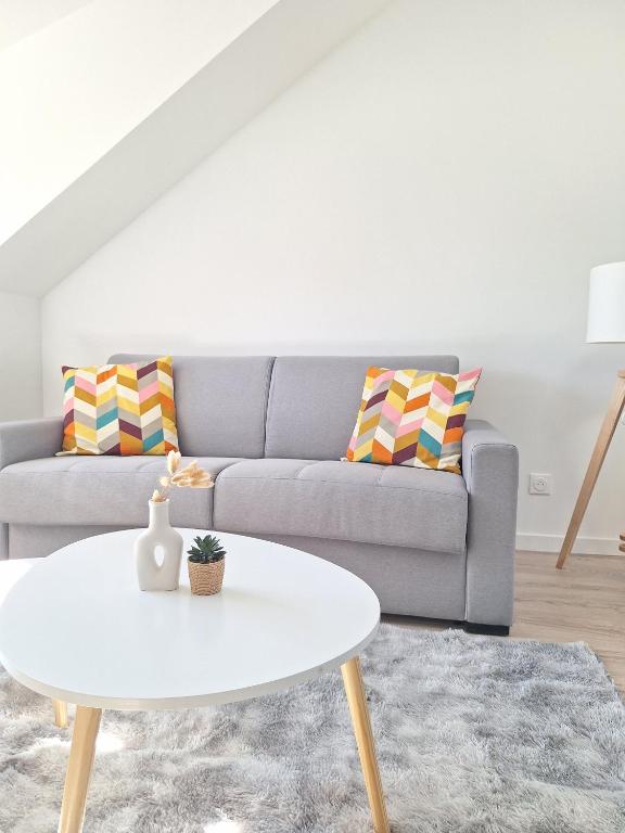 een woonkamer met een bank en een tafel bij AquaLodge Harmonia in Aix-les-Bains