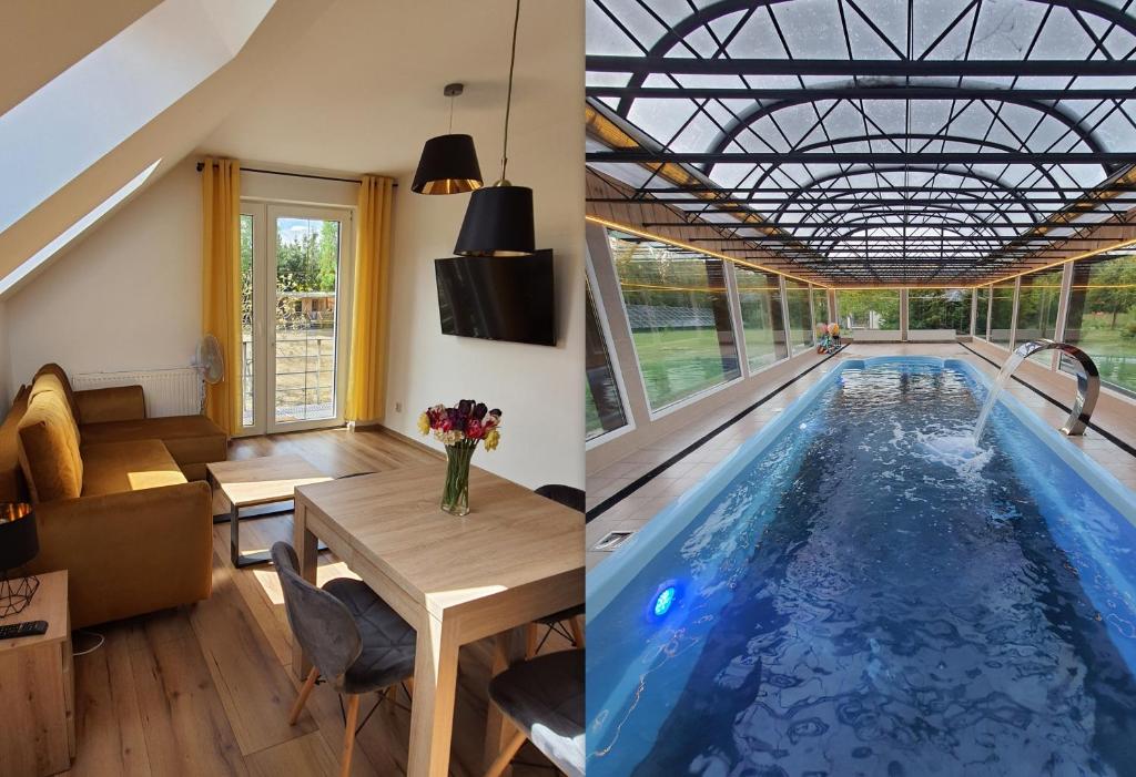 a house with a swimming pool and a living room at Bukowa Ostoja in Nakielno