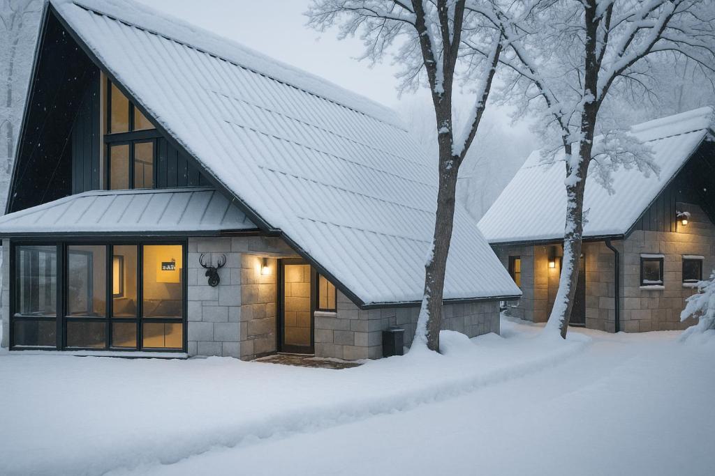 a house covered in snow in the snow at Modern Mountain Luxury Soak, Stay, & Be Spoiled in Shaver Lake